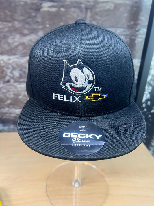 Black youth snapback hat with Felix the Cat and Chevy logo embroidered on the front