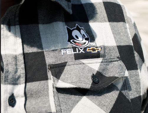 Grey and black plaid Felix flannel shirt with embroidered Felix The Cat chest logo