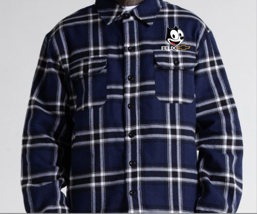 Navy plaid Felix flannel shacket with embroidered Felix The Cat chest logo
