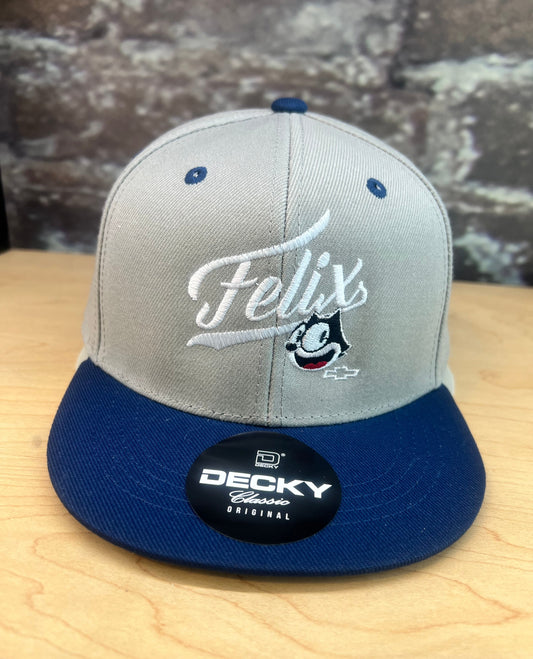 Felix Varsity snapback hat in grey and royal blue with embroidered Felix script logo