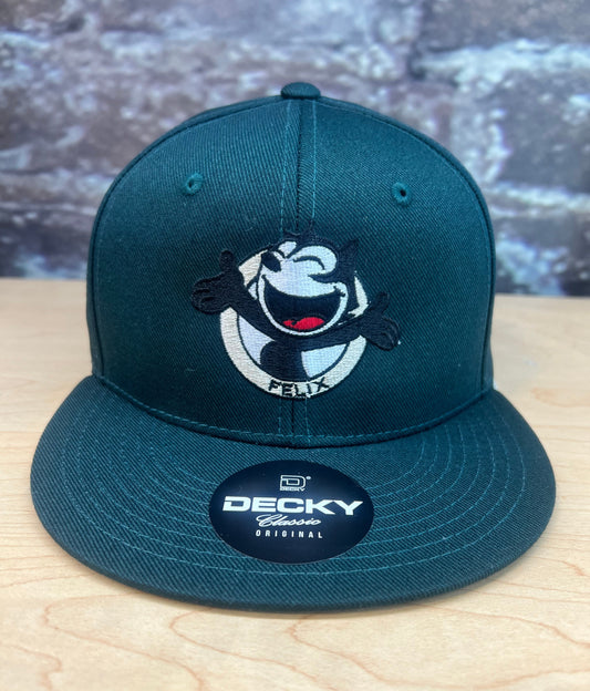 Forest green Happy Felix snapback hat with embroidered smiling Felix The Cat design
