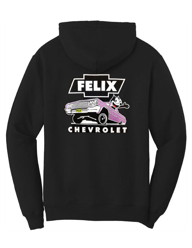 Back view of ’64 Metal Flake Hoodie – Purple with custom lowrider style graphic design