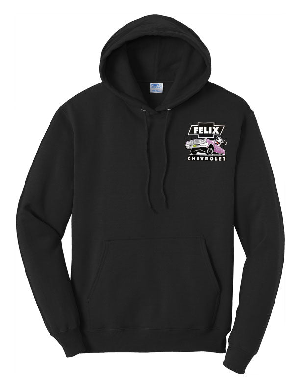 Front view of ’64 Metal Flake Hoodie – Purple featuring vintage inspired Felix artwork